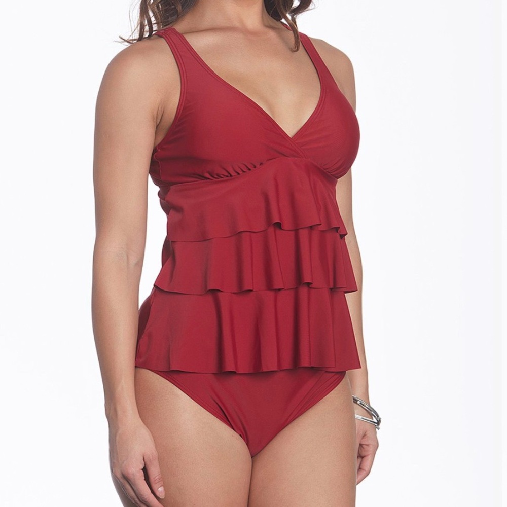 Burgundy Tankini swimsuit with ruffle top includes top & bottom